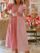 Plaid V-Neck Puff Sleeve Dress