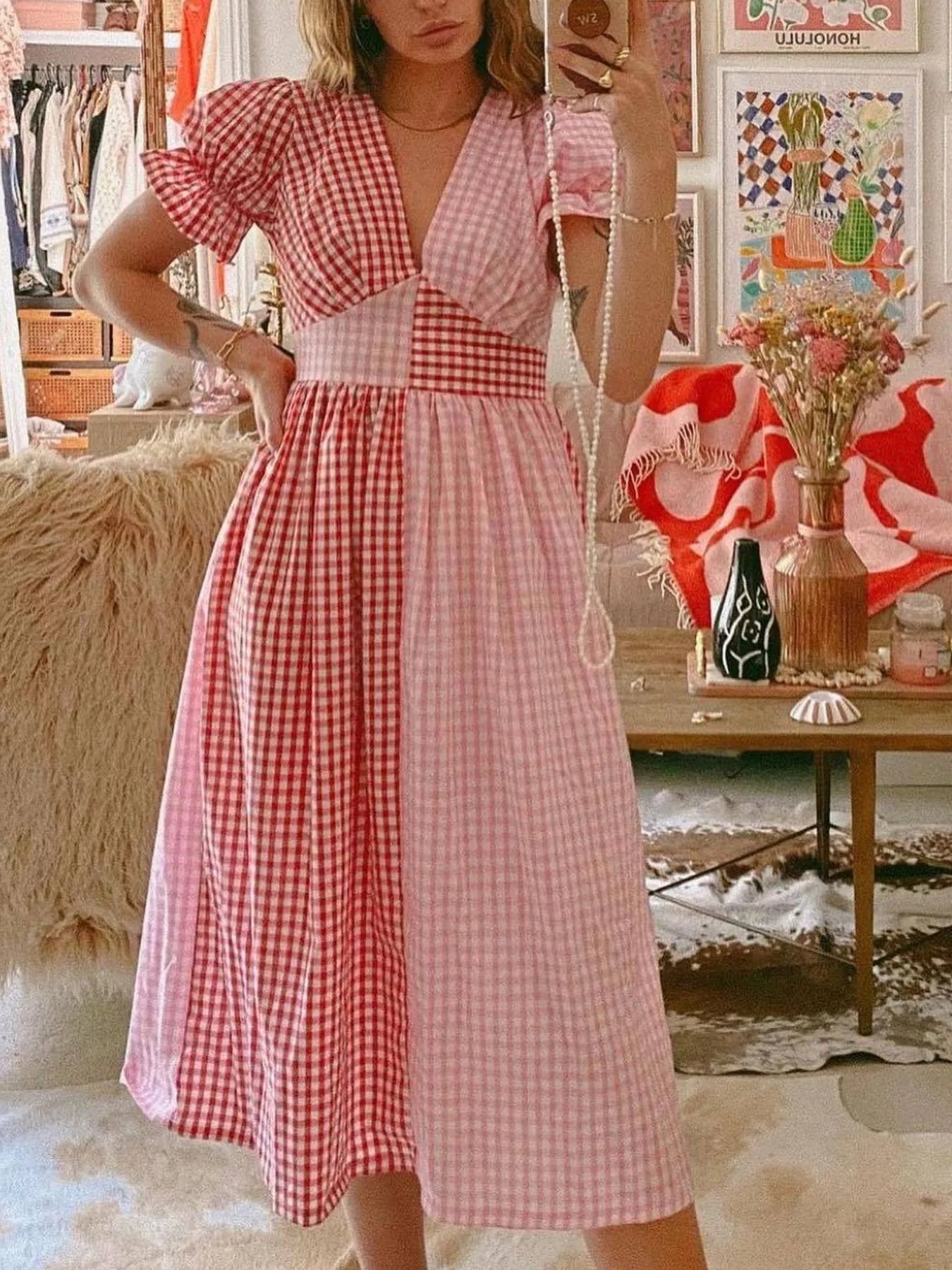 Plaid V-Neck Puff Sleeve Dress