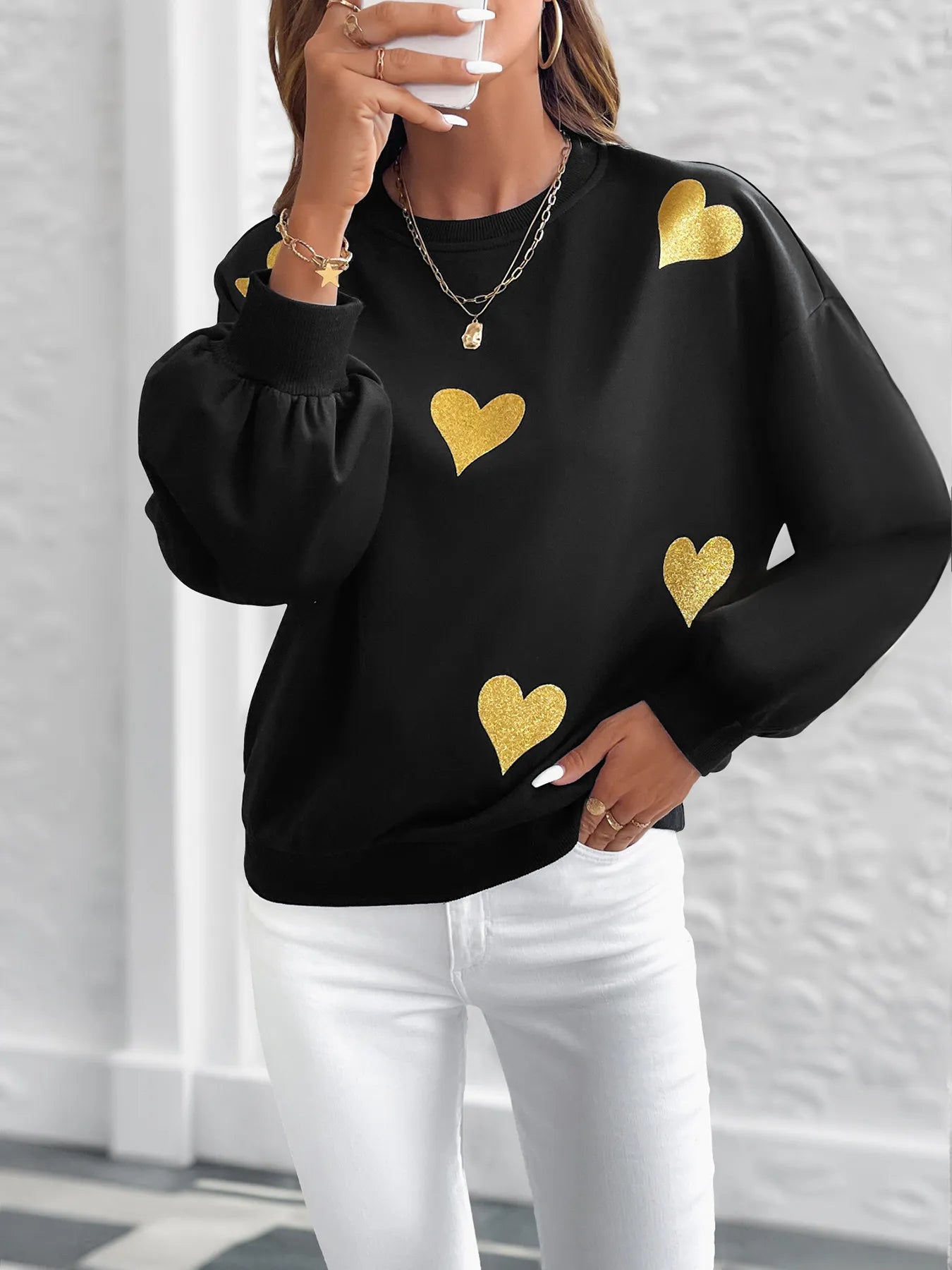 Trendy Heart Print Long Sleeve Sweatshirt for Women - Stretchy and Comfortable, Perfect for Casual Outfits