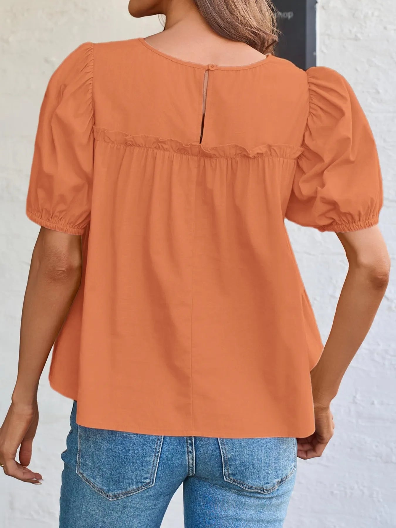 Elegant Puff Sleeve Round Neck Tiered Blouse in 100% Polyester - Machine Washable, Chic Style