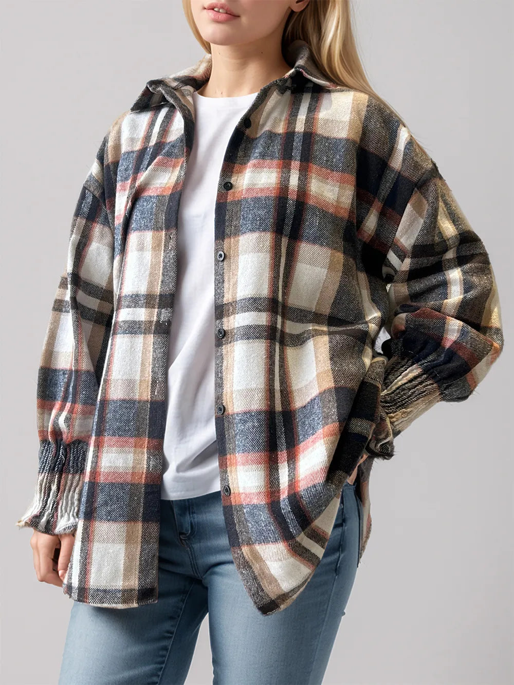 Plaid Button-Up Long Sleeve Shirt for Women - Opaque 100% Polyester, Classic Fit, Trendy Style