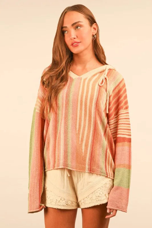 Trendy Multi-Color Stripe Long Sleeve Knit Hoodie with Drawstring and Ribbed Cuffs