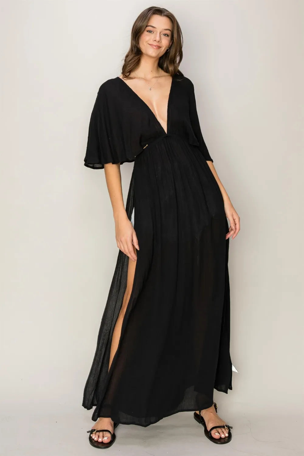 HYFVE Plunging Neck Backless Tie Back Maxi Dress with Flowing Skirt and Side Slits