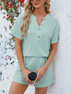 Casual Button Detail Ribbed Top and Shorts Two-Piece Set Tiffany Blue