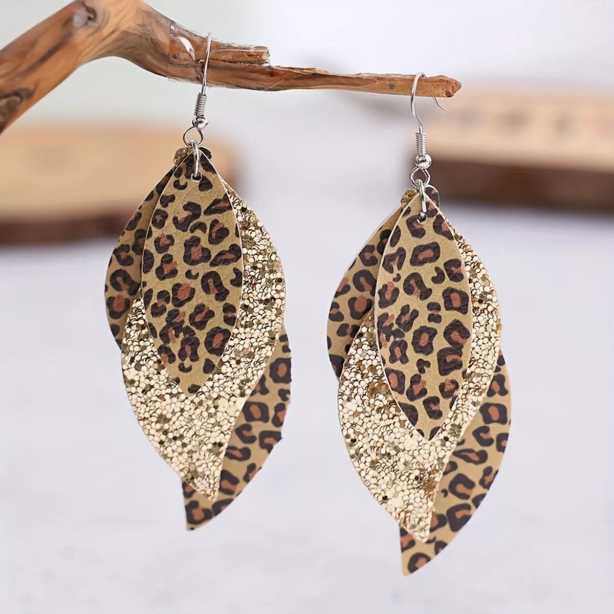 Trendy Leopard Print Leather Leaf Drop Earrings - Platinum & 18K Gold-Plated Fashion Jewelry