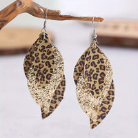 Leopard Print Leather Leaf Drop Earrings Gold One Size