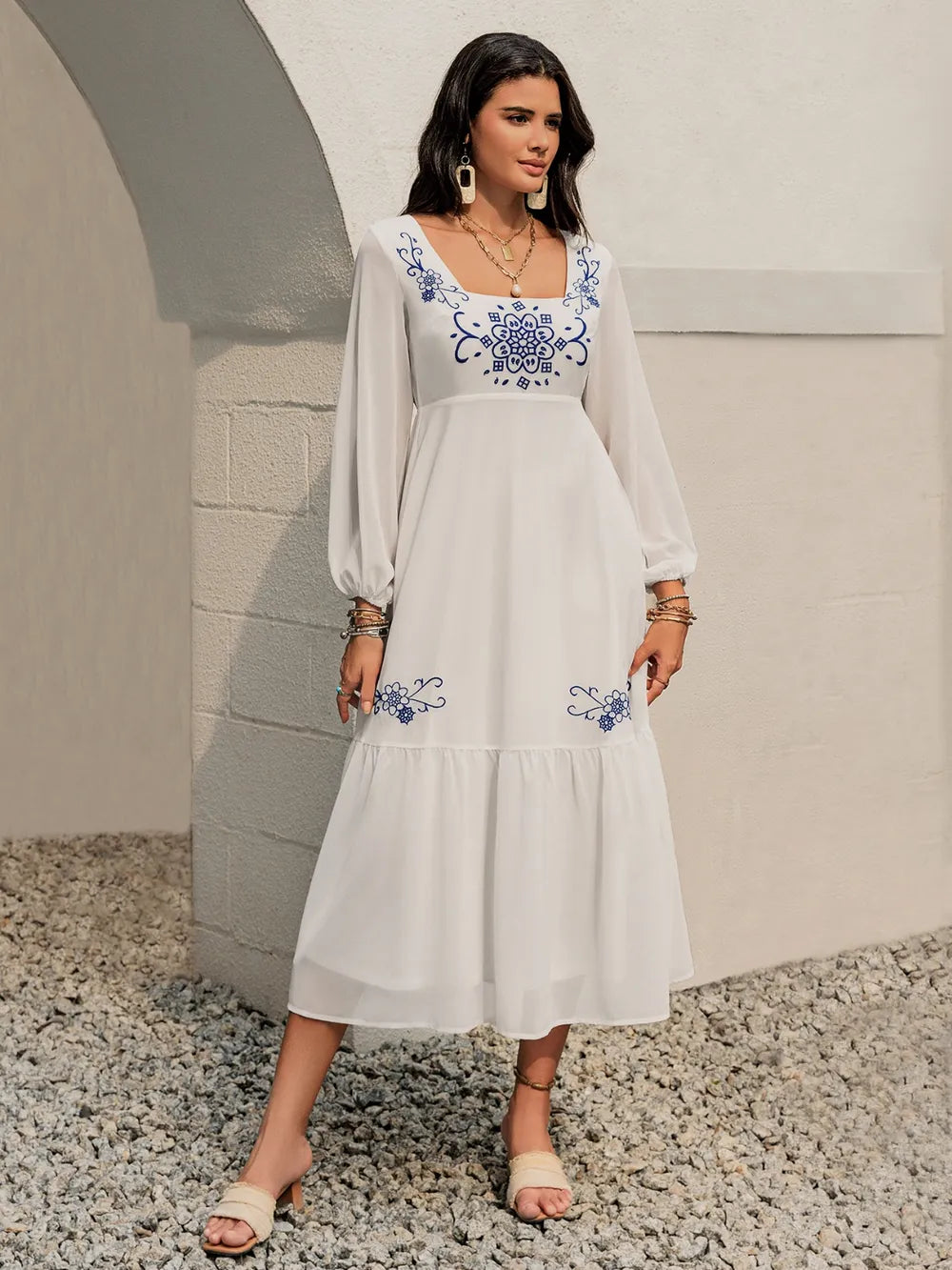 Printed Square Neck Balloon Sleeve Dress