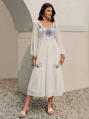 Printed Square Neck Balloon Sleeve Dress