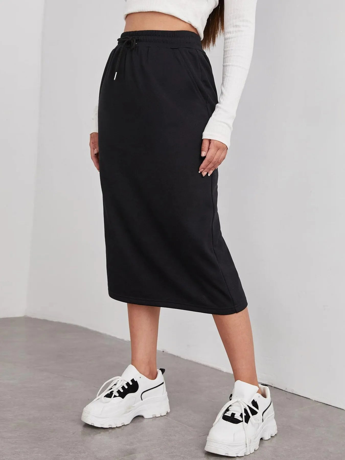 Slit Drawstring Midi Skirt