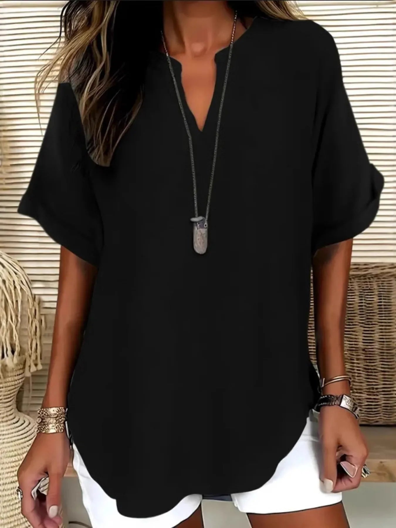 Casual Notched Short Sleeve Blouse Black