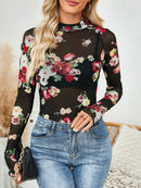 Floral Mock Neck Long Sleeve Top for Women - Slightly Stretchy, Comfortable Polyester Blend - Store 42