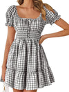 Gingham Smocked Puff Sleeve Summer Dress Black