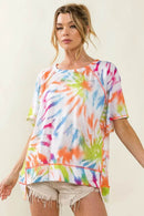 BiBi Tie Dye Print Jersey Top with Unique Uneven Hem - Casual Bohemian Style - Store 42