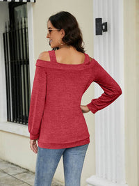 Trendy Cold Shoulder Cutout Blouse with Square Neck - Slightly Stretchy Cotton-Polyester Blend - Store 42