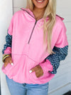 Half Zip Checkered Sleeve Hoodie Fuchsia Pink