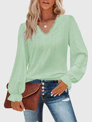 Trendy Eyelet V-Neck Blouse with Flounce Sleeves - Opaque, Highly Stretchy, Lined - 100% Polyester - Store 42