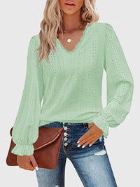 Trendy Eyelet V-Neck Blouse with Flounce Sleeves - Opaque, Highly Stretchy, Lined - 100% Polyester - Store 42