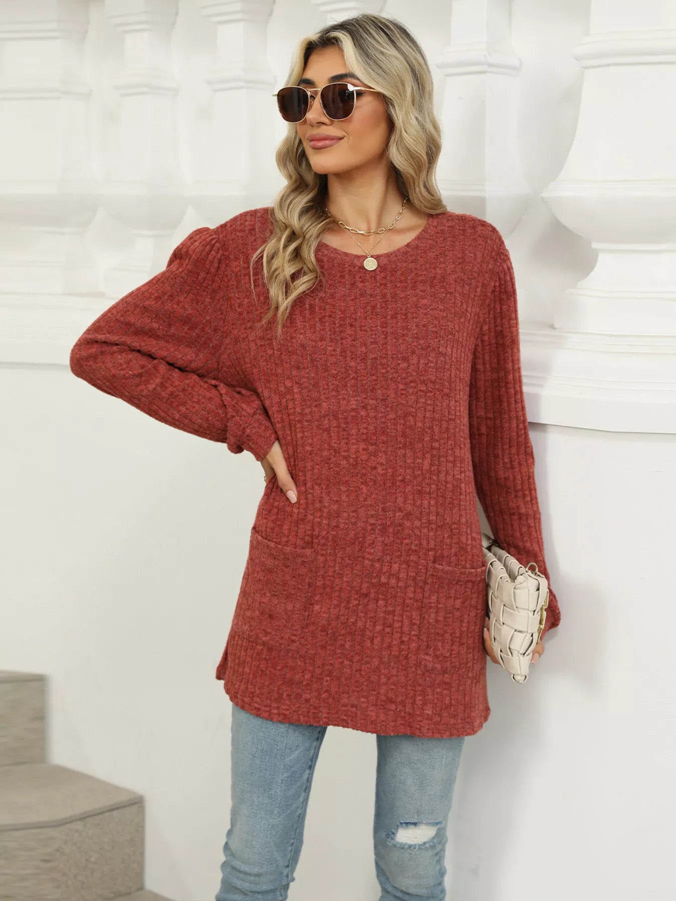 Ribbed Knit Long Sleeve T-Shirt