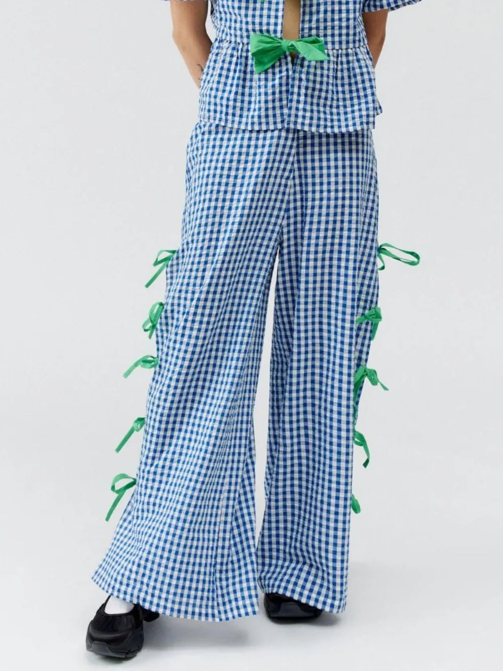 Trendy Side Tied Plaid Pants with Slit Detail - Opaque Fabric, Stylish Fit, and Easy Care
