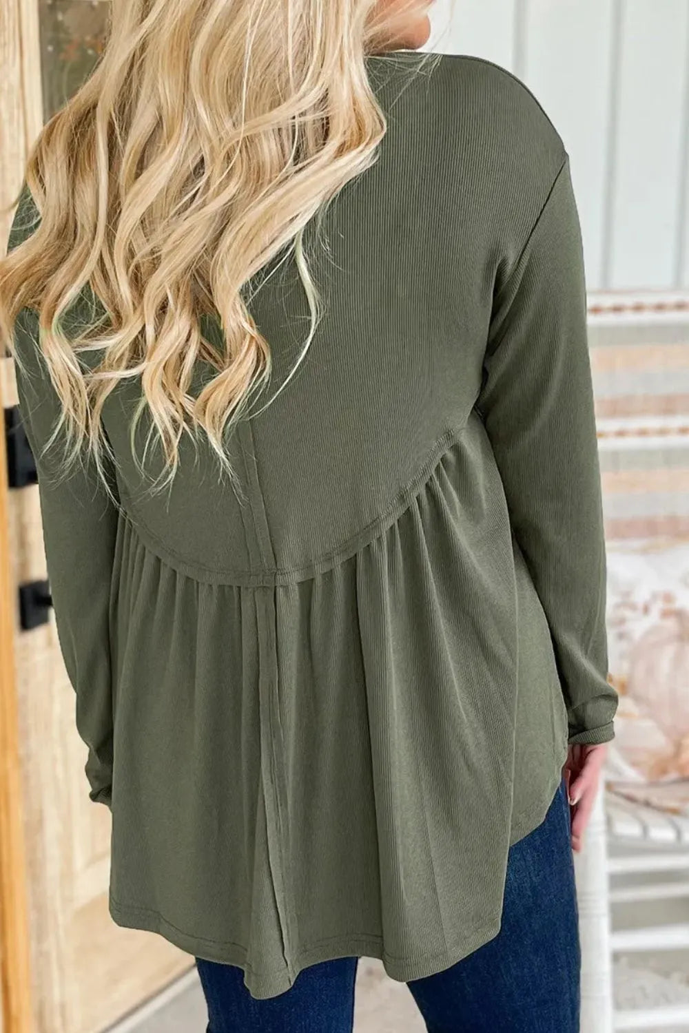 Trendy Plus Size Peplum Blouse with Round Neck and Long Sleeves - Opaque and Slightly Stretchy