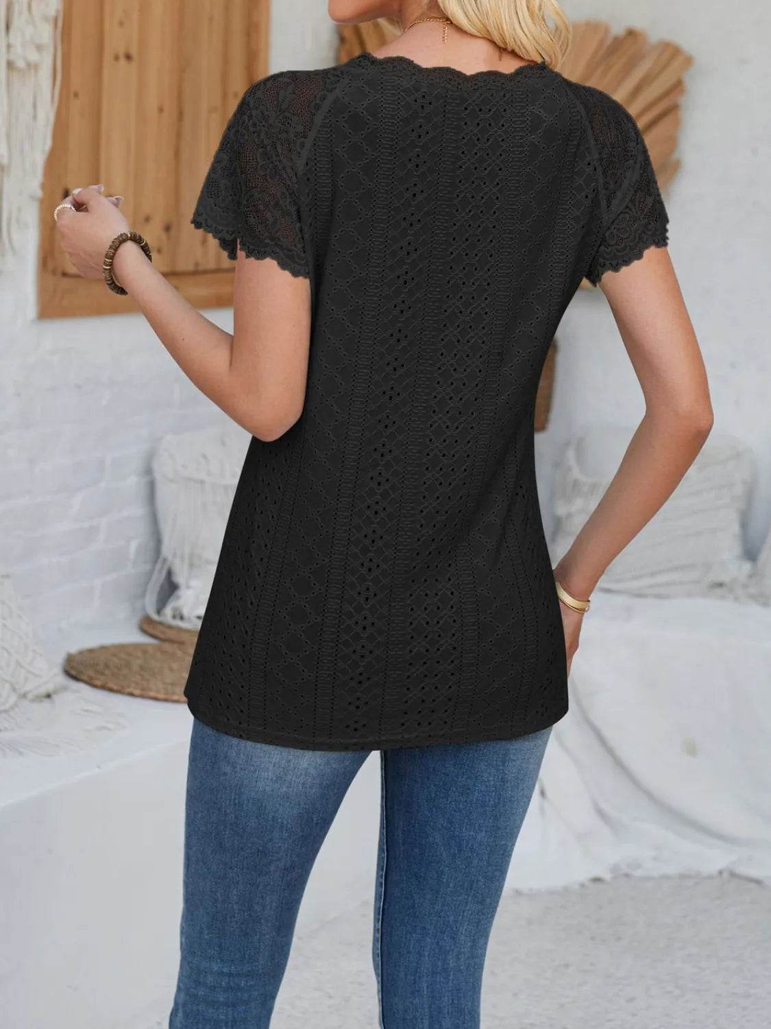 Eyelet Lace Detail V-Neck Top - Semi-Sheer, Slightly Stretchy, 100% Polyester Short Sleeve Blouse - Store 42