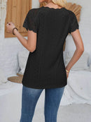 Eyelet Lace Detail V-Neck Top - Semi-Sheer, Slightly Stretchy, 100% Polyester Short Sleeve Blouse - Store 42