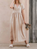 Perfee V-Neck Short Sleeve Midi Dress Tan