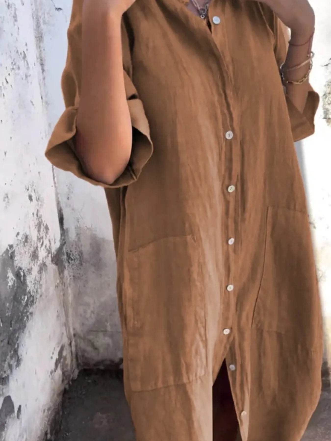 Full Size Casual Linen Button-Down Shirt Dress Plus Size - Store 42
