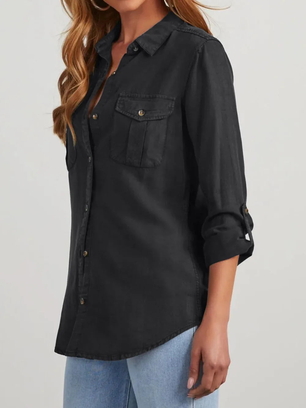 Stylish Denim Top with Collared Neck and Roll-Tab Sleeves - Buttoned and Pocketed Design
