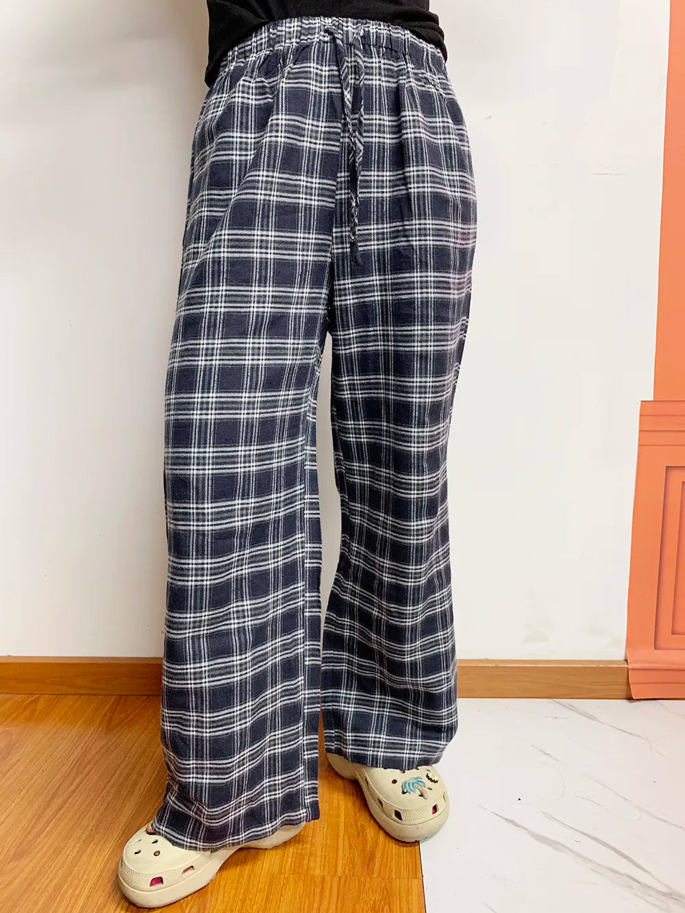 Plaid Wide Leg Pants with Drawstring and Pockets - Comfortable Opaque Fabric