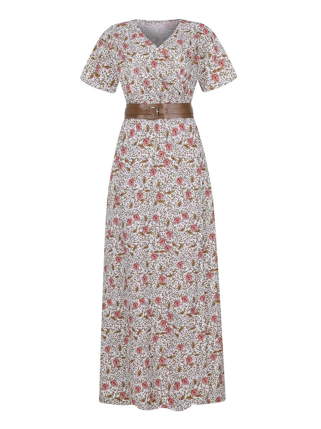 Full Size Printed V-Neck Short Sleeve Maxi Dress Plus Size - Store 42
