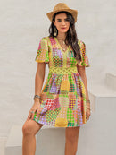 Crochet Trim Printed V-Neck Short Sleeve Mini Dress