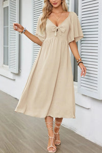 Smocked Tie Front Flutter Sleeve Midi Dress Tan