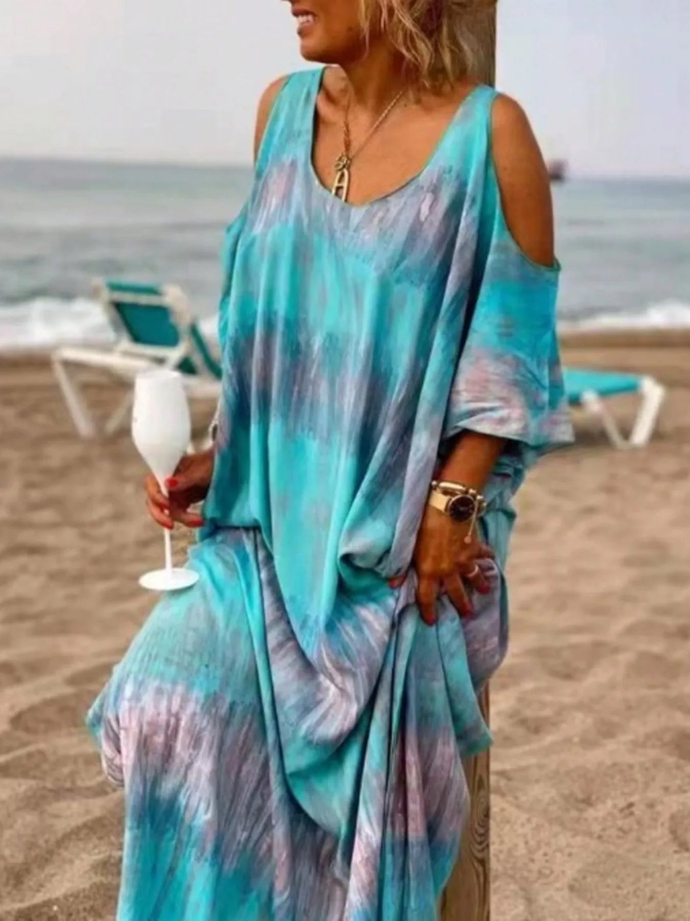 Plus Size Tie-Dye Cold Shoulder Maxi Dress - Stylish & Slightly Stretchy 100% Polyester