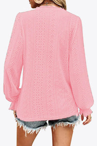 Trendy Eyelet V-Neck Blouse with Flounce Sleeves - Opaque, Highly Stretchy, Lined - 100% Polyester - Store 42