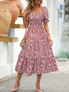 Floral Square Neck Short Sleeve Tiered Dress Dusty Pink