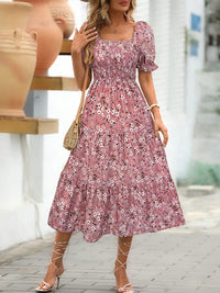 Floral Square Neck Short Sleeve Tiered Dress Dusty Pink