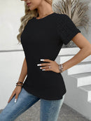 Trendy Hollow Out Waffle Knit Short Sleeve T-Shirt - Soft Stretchy Fabric, Eyelet Detail - Store 42