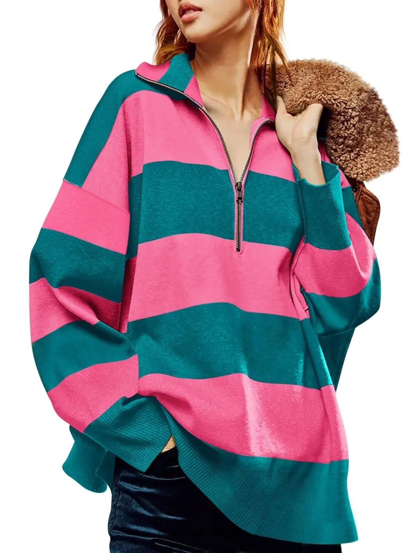 Trendy Oversized Striped Half-Zip Sweatshirt in Pink and Teal for Ultimate Comfort