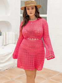 Trendy Plus Size Sheer Openwork Round Neck Mini Dress for Stylish Comfort - Store 42