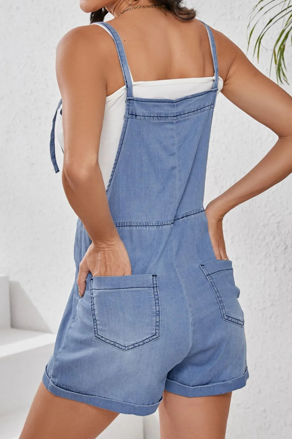 Stylish Square Neck Denim Overalls with Pockets - Non-Stretch Fabric for Comfort