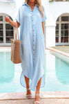 Button Down Short Sleeve Midi Shirt Dress Light Blue