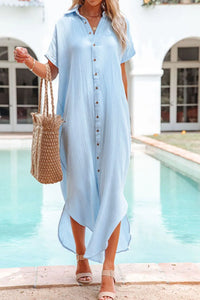 Button Down Short Sleeve Midi Shirt Dress Light Blue