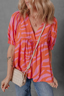 Zebra Stripe Print Ruched Cuff Half Sleeve V Neck Blouse