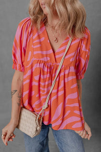 Zebra Stripe Print Ruched Cuff Half Sleeve V Neck Blouse