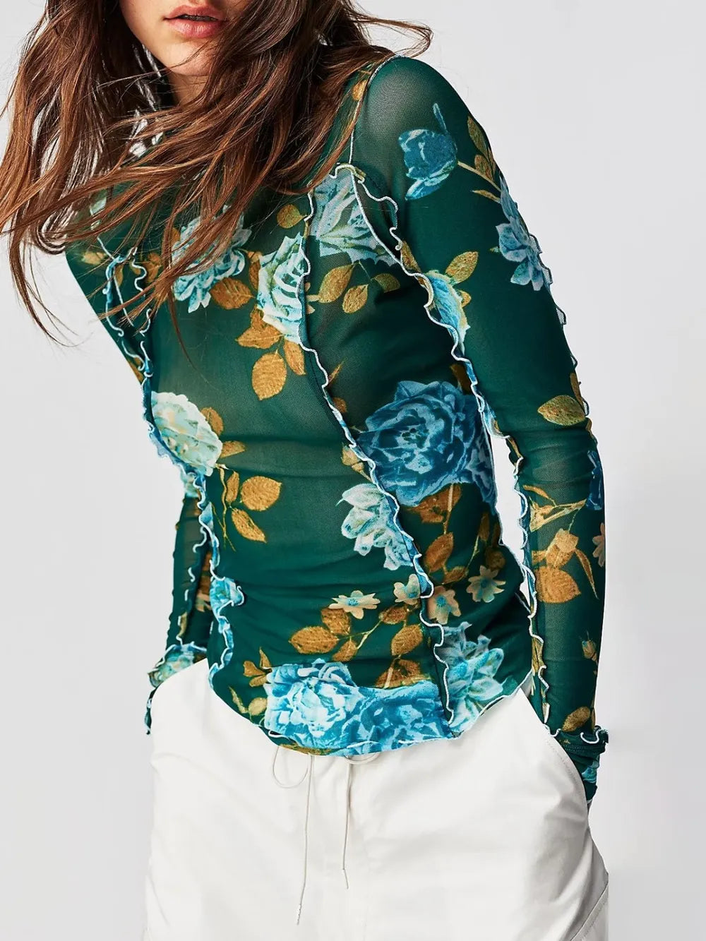 Floral Mock Neck Long Sleeve Top Dark Green