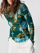 Floral Mock Neck Long Sleeve Top Dark Green