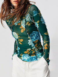 Floral Mock Neck Long Sleeve Top Dark Green