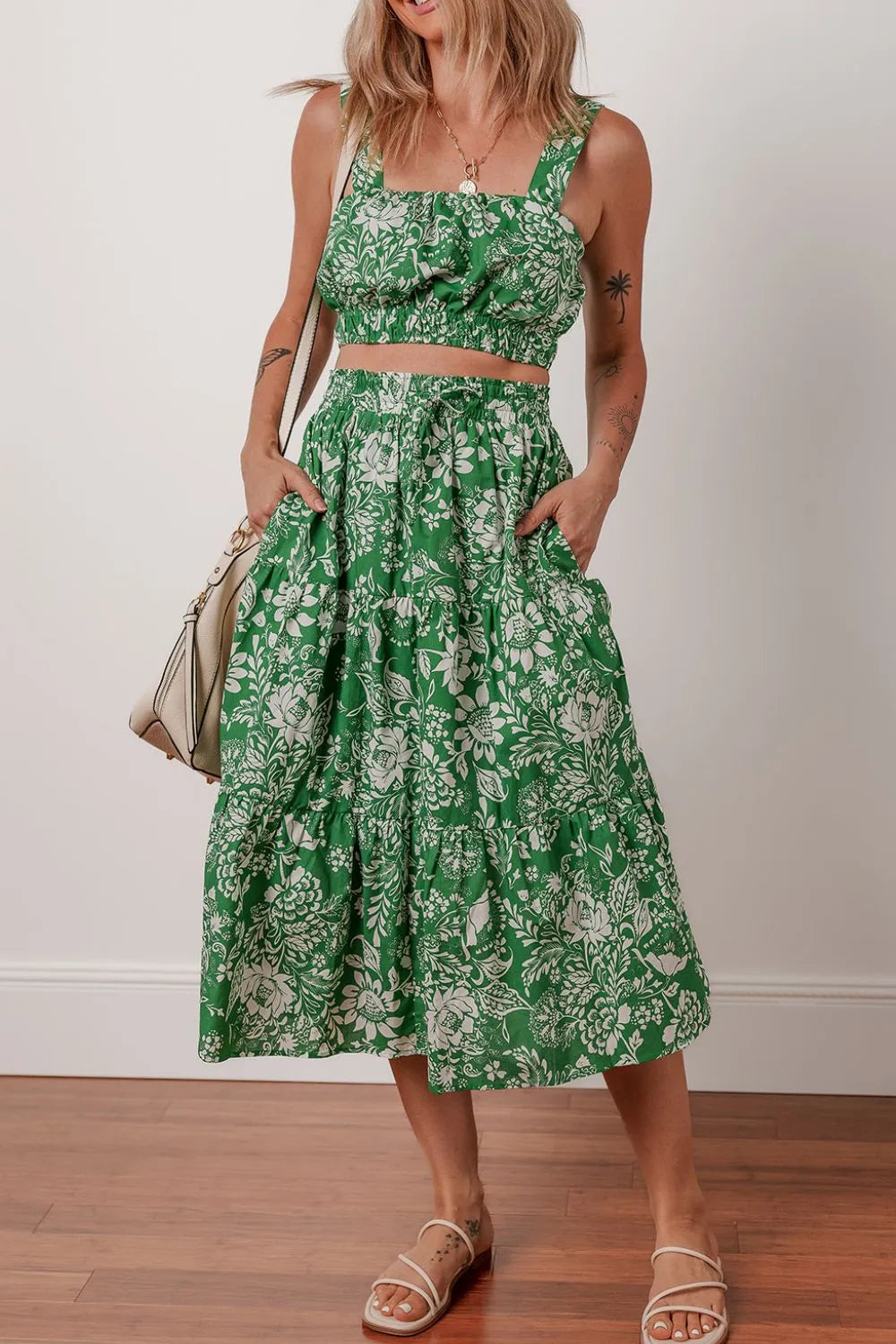 Floral Print Tiered Shirred Crop Top & Midi Skirt Set - 100% Cotton, No Stretch
