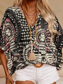 Printed V-Neck Half Sleeve Top Black